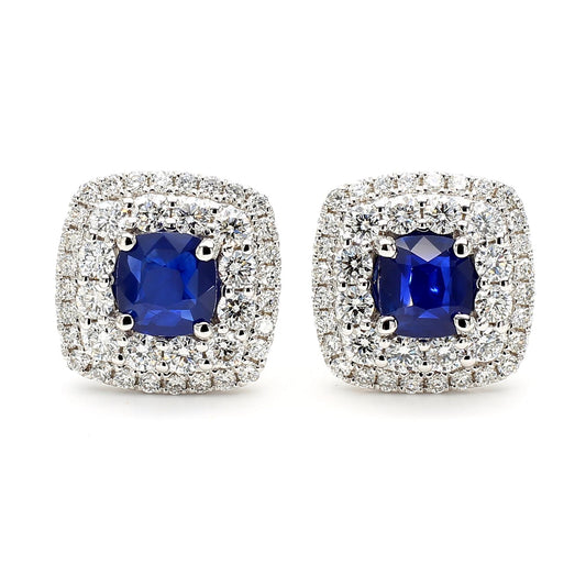 Natural Blue Cushion Sapphire and White Diamond 3.62 Carat TW Gold Stud Earrings