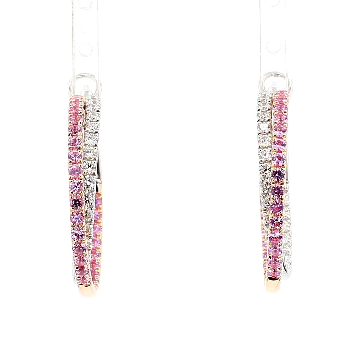 Natural Pink Round Sapphire and White Diamond 3.01 Carat TW Rose Gold Earrings