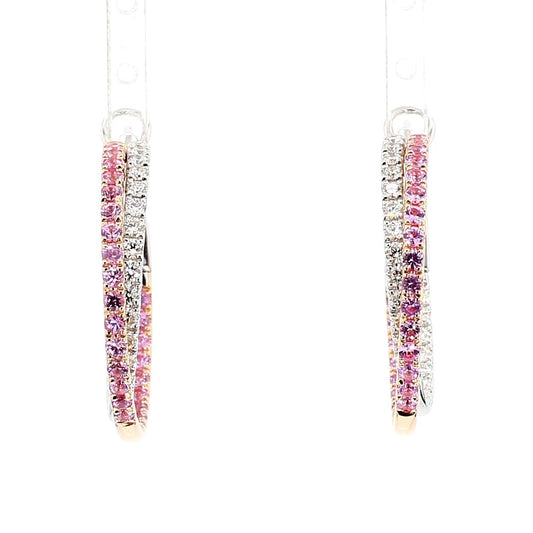 Natural Pink Round Sapphire and White Diamond 3.01 Carat TW Rose Gold Earrings