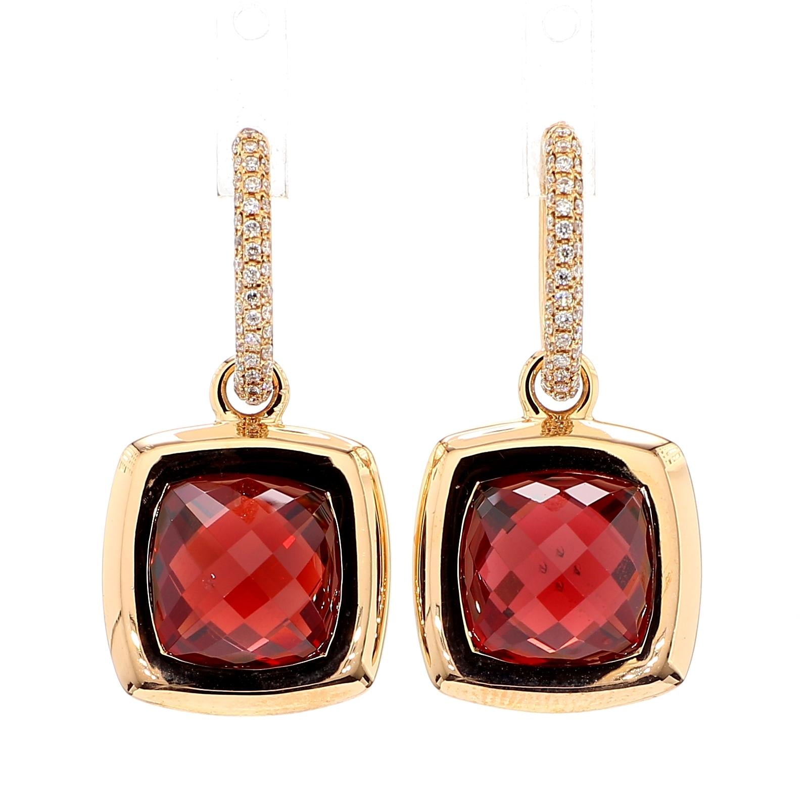 Natural Cushion Garnet and White Diamond 11.62 Carat TW Yellow Gold Drop Earring