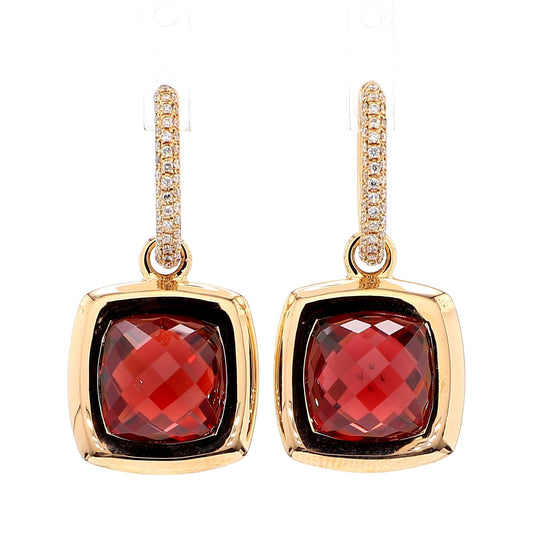 Natural Cushion Garnet and White Diamond 11.62 Carat TW Yellow Gold Drop Earring