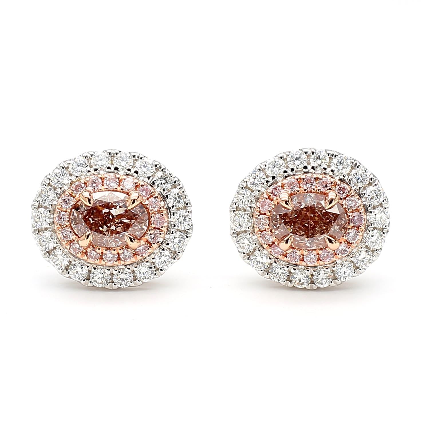 GIA Certified Fancy Pinkish Brown Oval Diamond 1.62 Carat TW Gold Stud Earrings