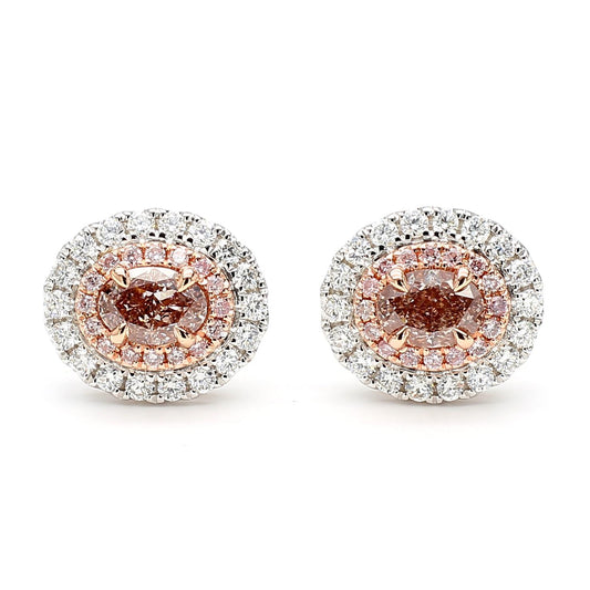 GIA Certified Fancy Pinkish Brown Oval Diamond 1.62 Carat TW Gold Stud Earrings