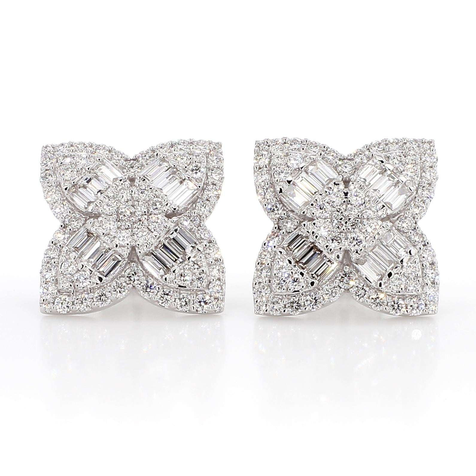Natural White Baguette Diamond 1.84 Carat TW Gold Stud Earrings