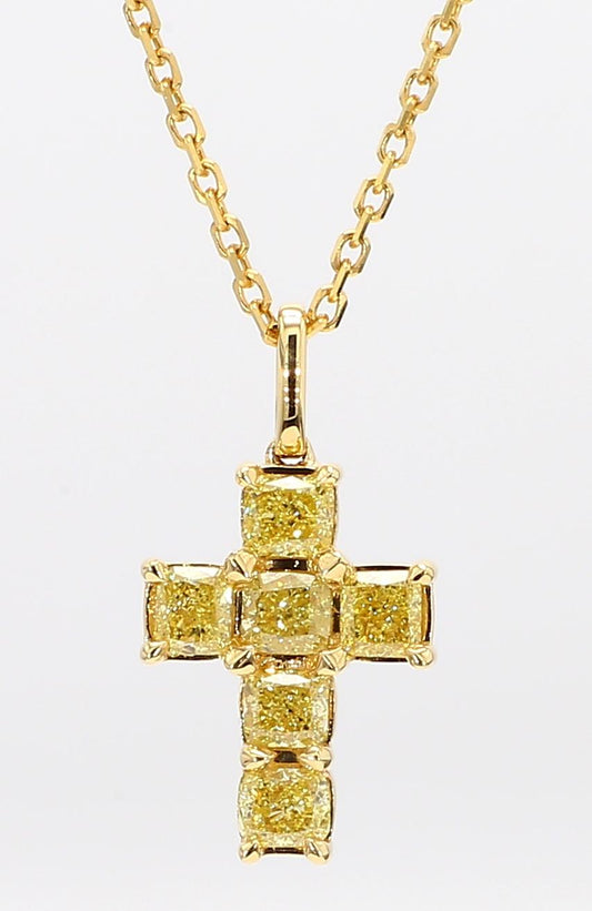 Natural Yellow Cushion Diamond 1.34 Carat TW Yellow Gold Cross Pendant