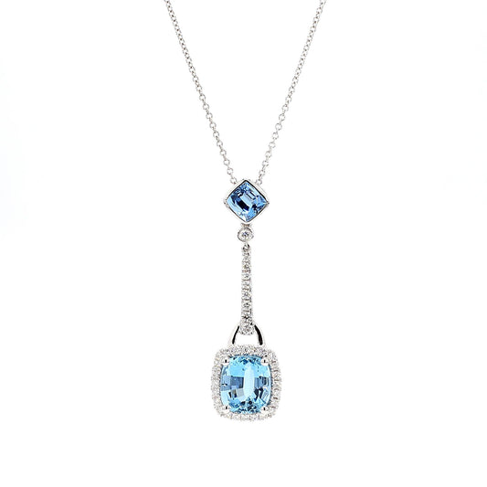 Natural Aquamarine Cushion Diamond 3.35 Carat TW Gold Drop Pendant
