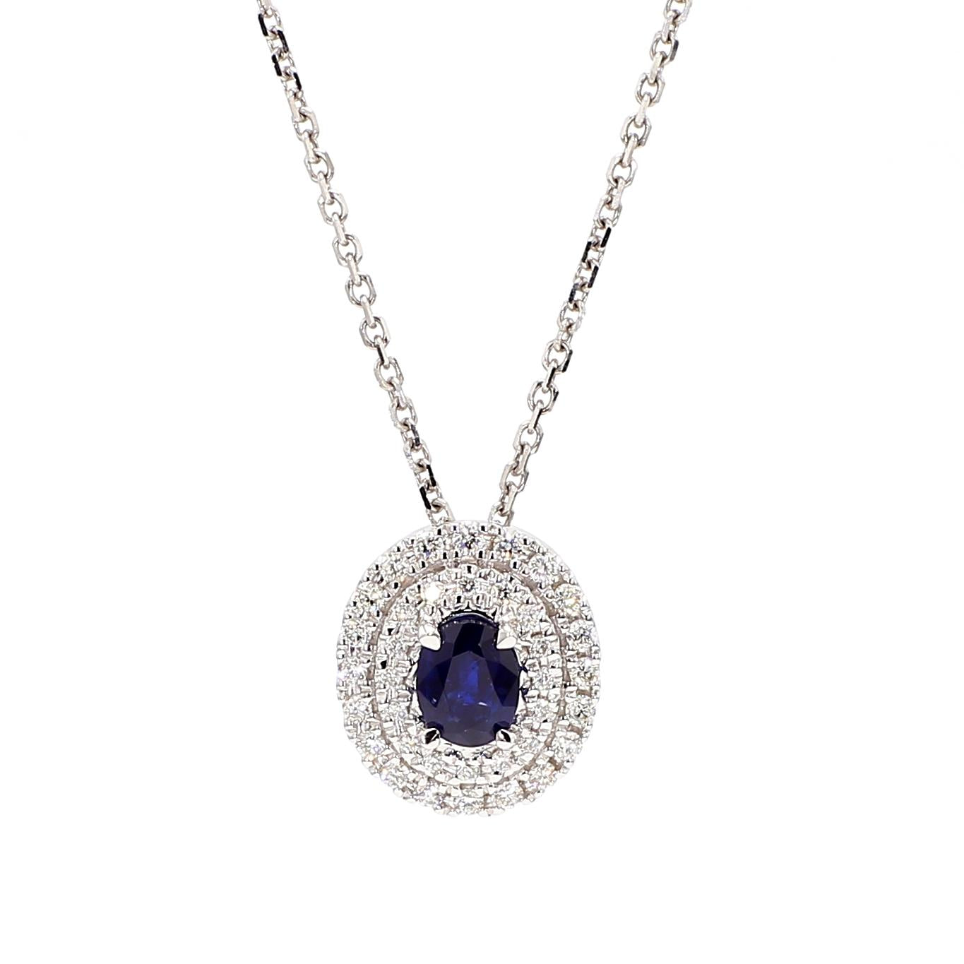 Natural Blue Oval Sapphire and White Diamond .67 Carat TW White Gold Pendant