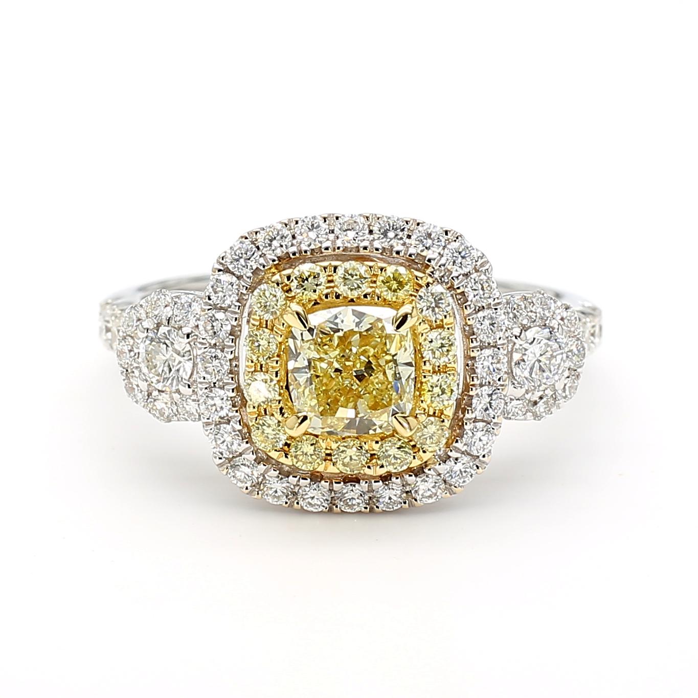 GIA Certified Fancy Light Yellow Cushion Diamond 1.48 Carat TW Gold Ring