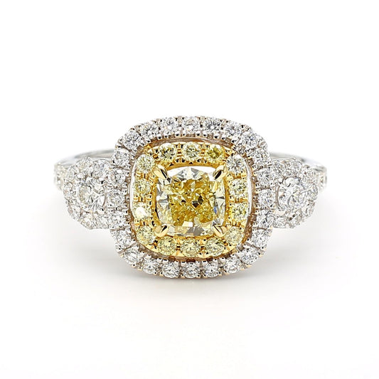 GIA Certified Fancy Light Yellow Cushion Diamond 1.48 Carat TW Gold Ring