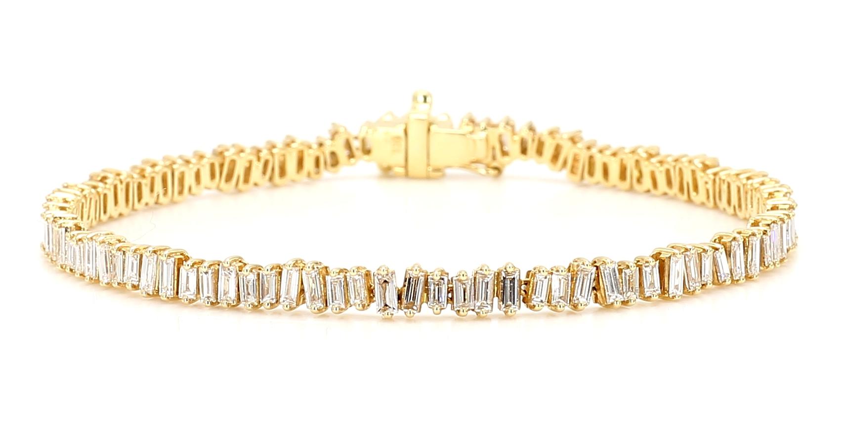 Natural White Baguette Diamond 2.95 Carat TW Yellow Gold Tennis Bracelet