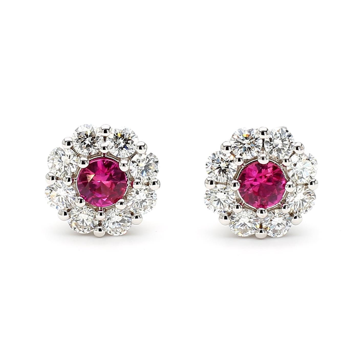 Natural Red Round Ruby and White Diamond 1.68 Carat TW White Gold Stud Earrings