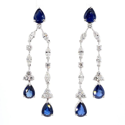 Natural Blue Pear Sapphire and White Diamond 9.65 Carat TW Gold Drop Earrings