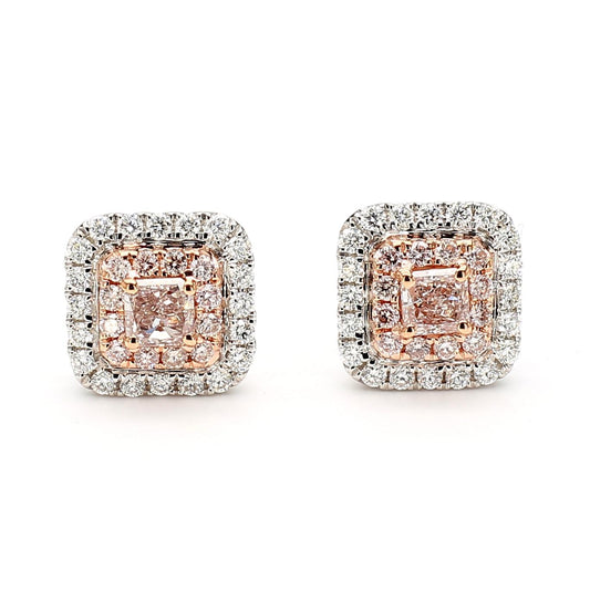 GIA Certified Light Pinkish Brown Radiant Diamond 0.90 Carat TW Gold Earrings