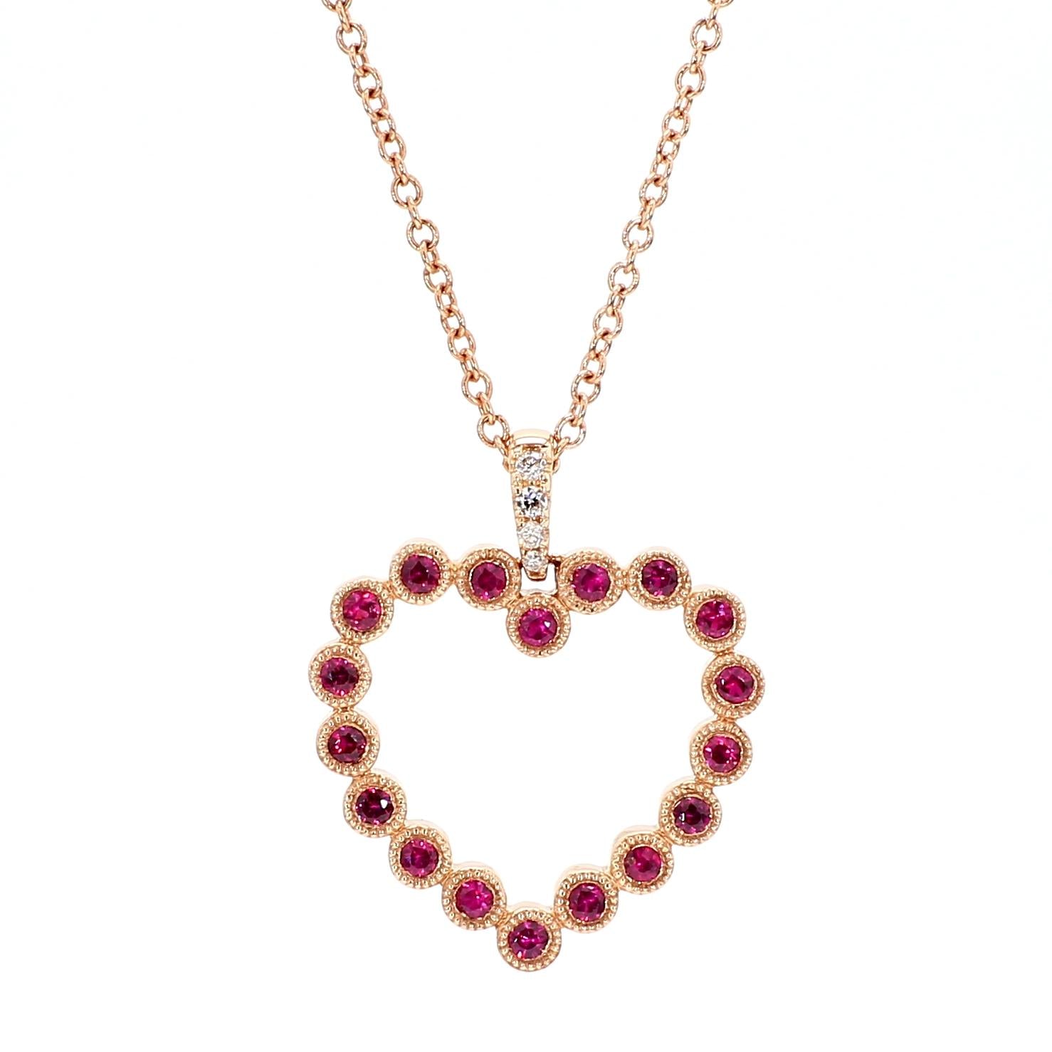 Natural Round Red Ruby and White Diamond .34 Carat TW Rose Gold Drop Pendant