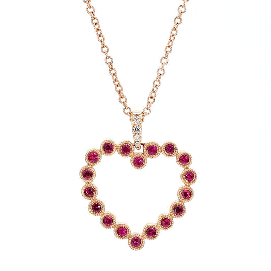 Natural Round Red Ruby and White Diamond .34 Carat TW Rose Gold Drop Pendant