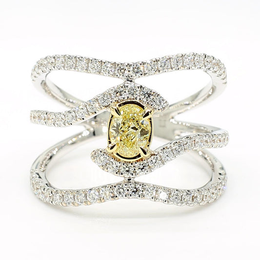 Natural Yellow Oval and White Diamond 1.10 Carat TW Gold Cocktail Ring