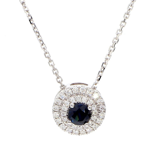 Natural Blue Round Sapphire and White Diamond 0.52 Carat TW Gold Drop Pendant