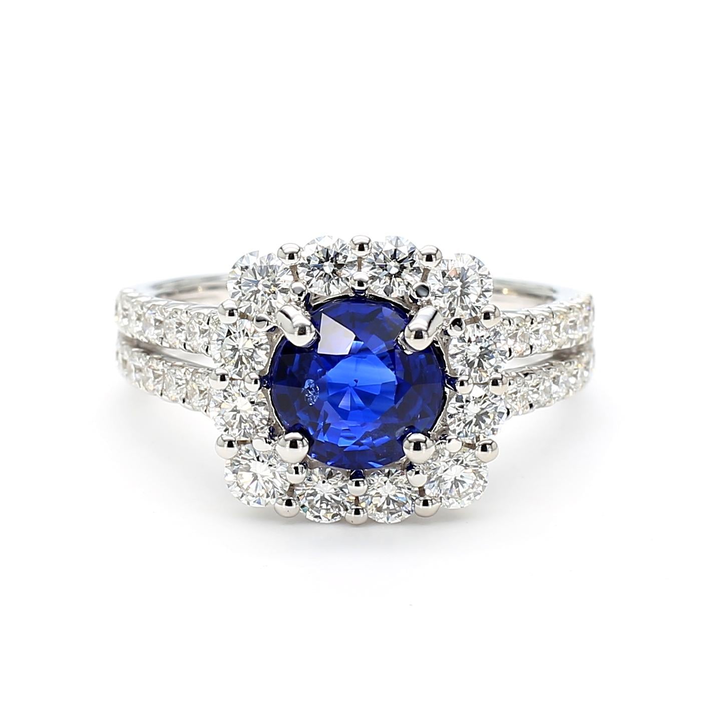 Natural Blue Round Sapphire and White Diamond 2.71 Carat TW White Gold Ring