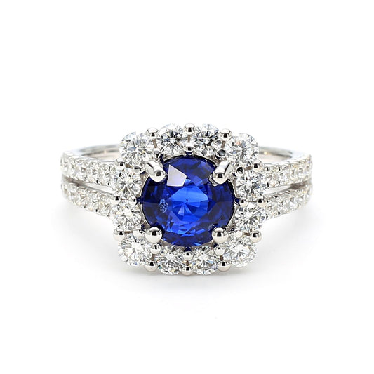 Natural Blue Round Sapphire and White Diamond 2.71 Carat TW White Gold Ring