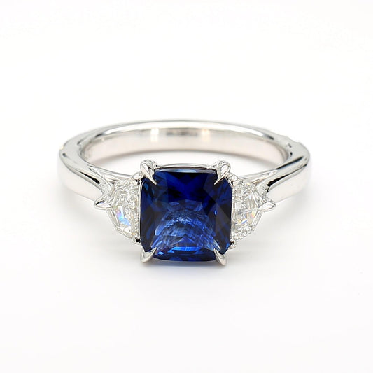 GIA Certified Blue Cushion Sapphire and White Diamond 2.47 Carat TW Plat Ring
