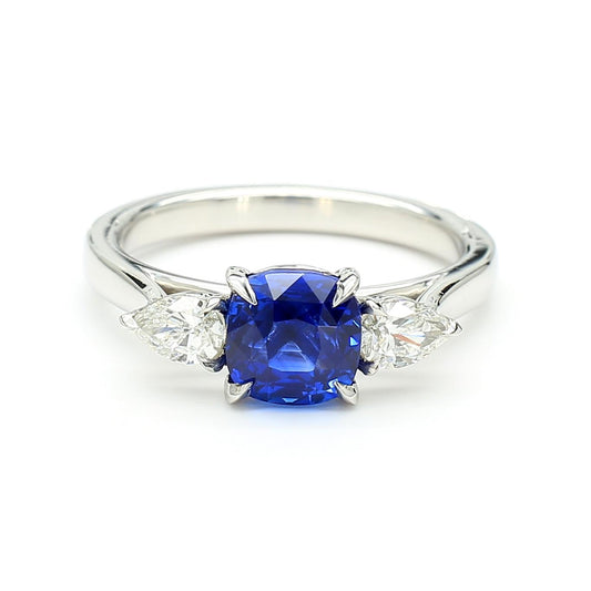 GIA Certified Blue Cushion Sapphire and White Diamond 2.38 Carat TW Plat Ring