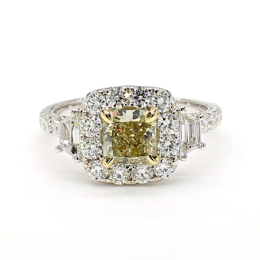 GIA Certified Fancy Gray-Greenish Yellow Radiant Diamond 2.27 Carat TW Gold Ring