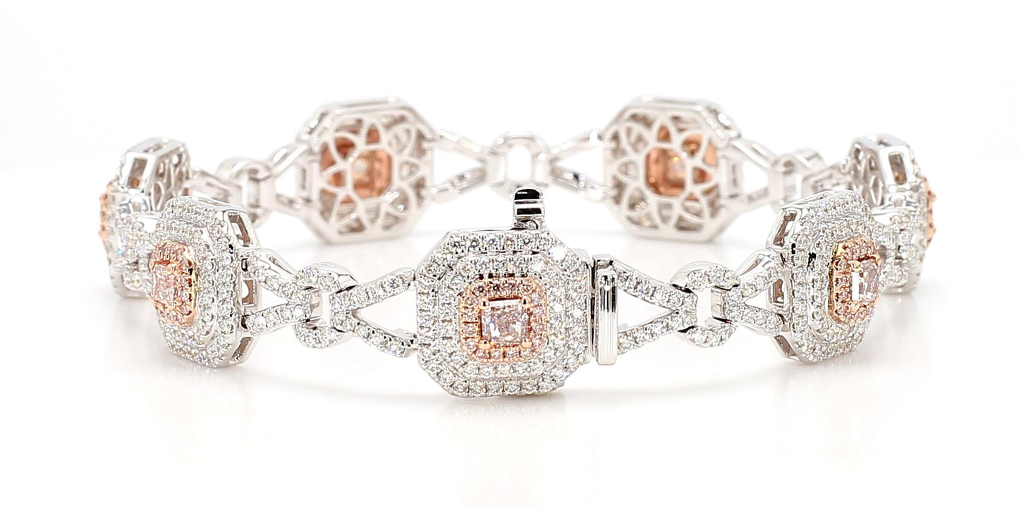 GIA Certified Fancy Pink Radiant Diamond 4.59 Carat TW Gold Tennis Bracelet