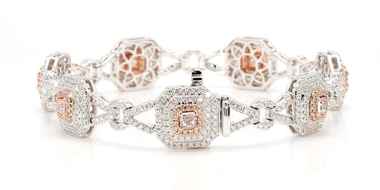 GIA Certified Fancy Pink Radiant Diamond 4.59 Carat TW Gold Tennis Bracelet