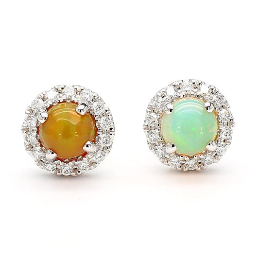 Natural Round Opal and White Diamond 1.86 Carat TW White Gold Stud Earrings