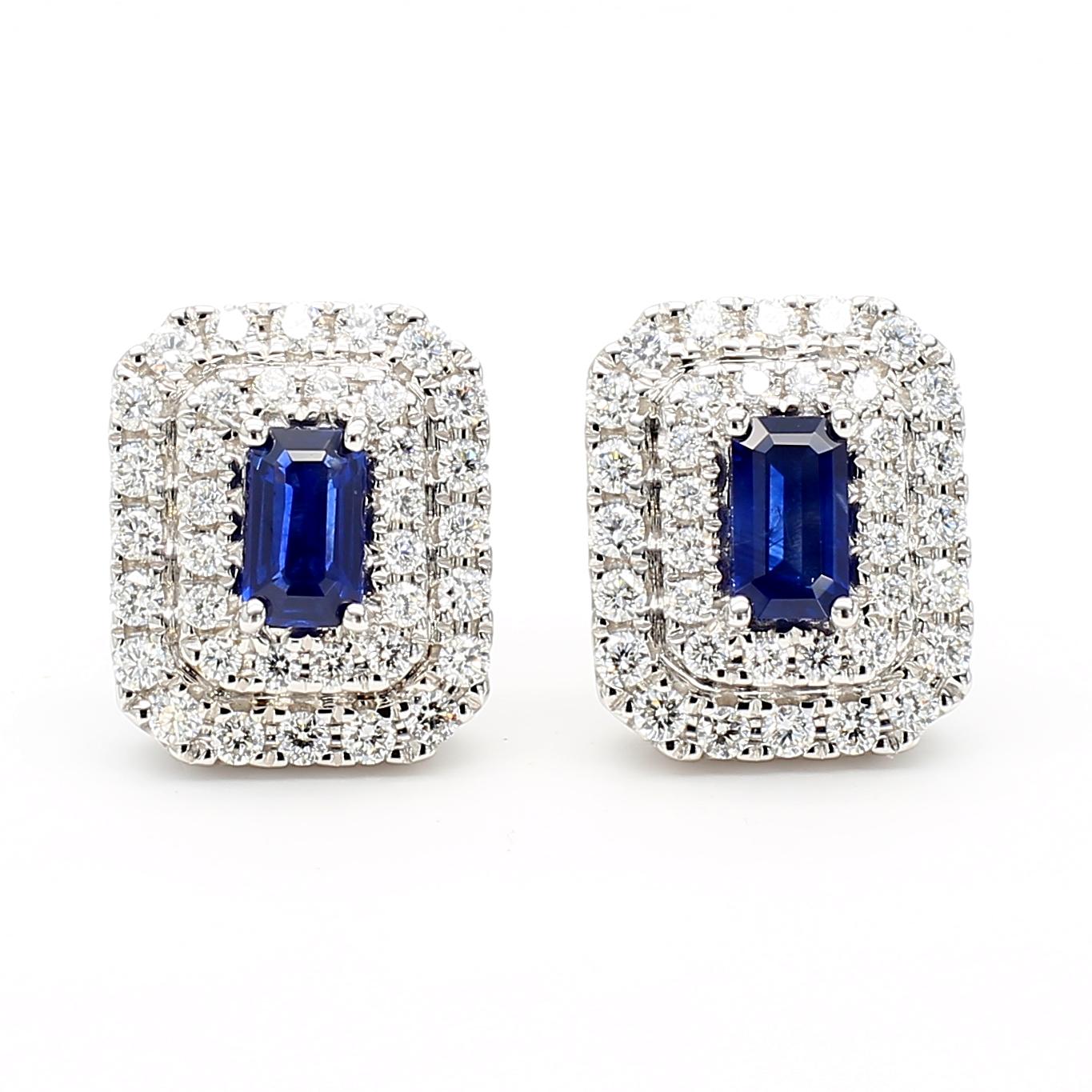 Natural Blue Emerald Cut Sapphire and Diamond 1.21 Carat TW Gold Earrings