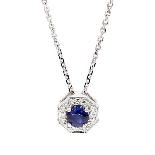 Natural Blue Round Sapphire and White Diamond 0.42 Carat TW Gold Drop Pendant