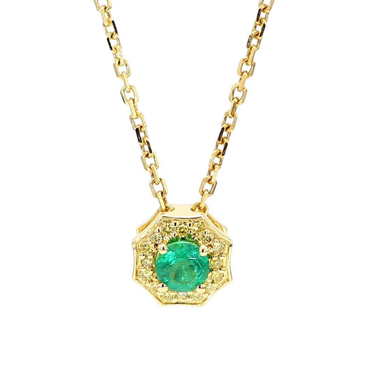 Natural Round Emerald and Yellow Diamond .36 Carat TW Gold Drop Pendant