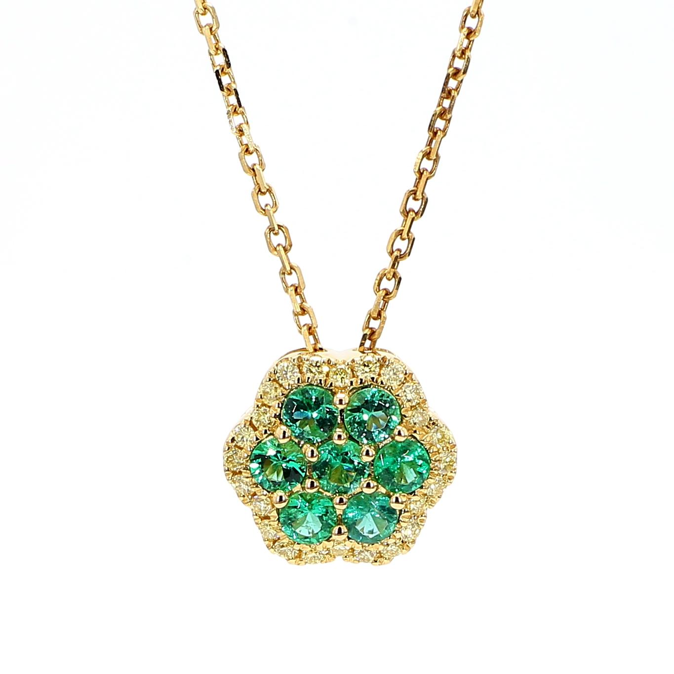 Natural Round Emerald and Yellow Diamond .78 Carat TW Gold Drop Pendant