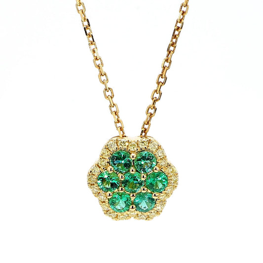 Natural Round Emerald and Yellow Diamond .78 Carat TW Gold Drop Pendant