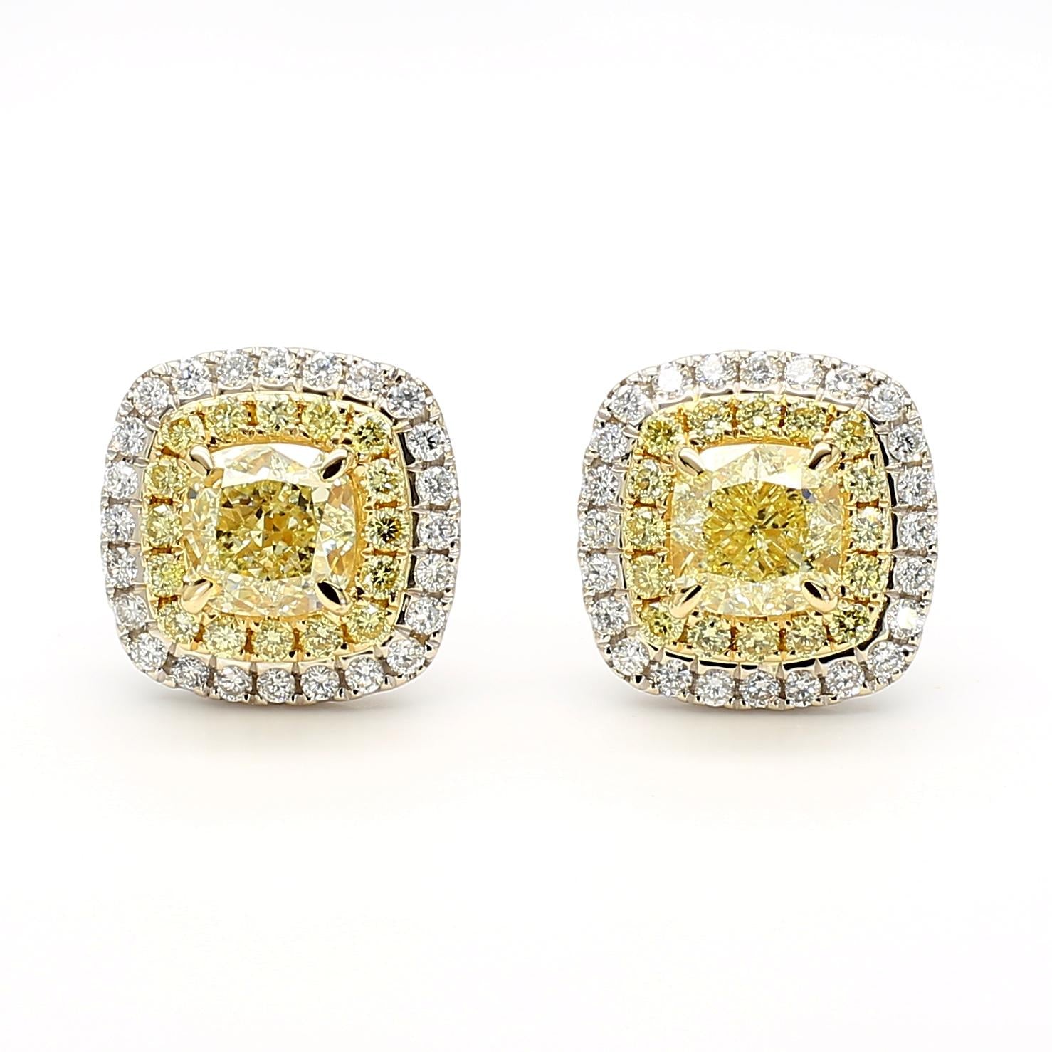 Natural Yellow Cushion Diamond 2.12 Carat TW Gold Stud Earrings