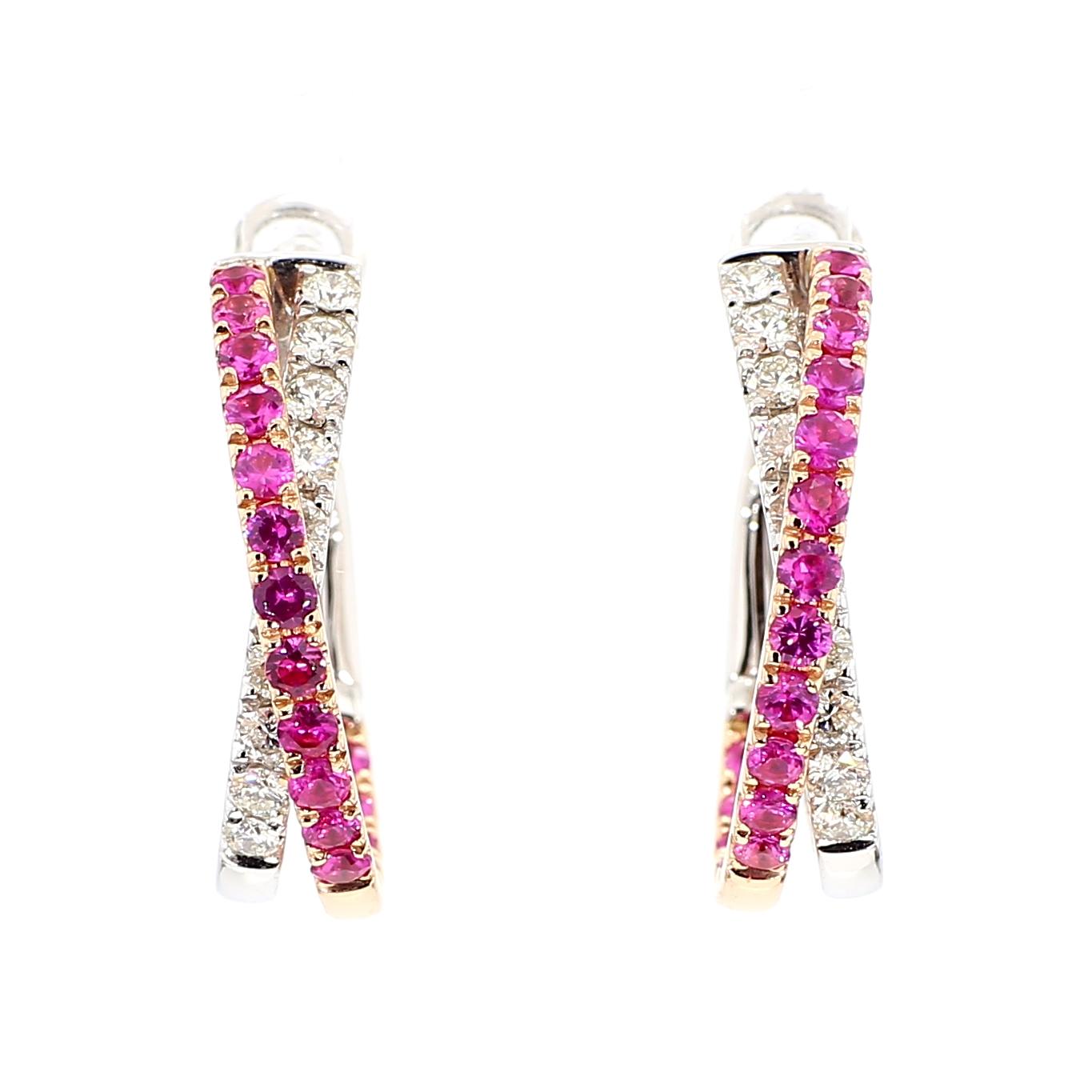 Natural Red Round Ruby and White Diamond 2.01 Carat TW Rose Gold Drop Earrings