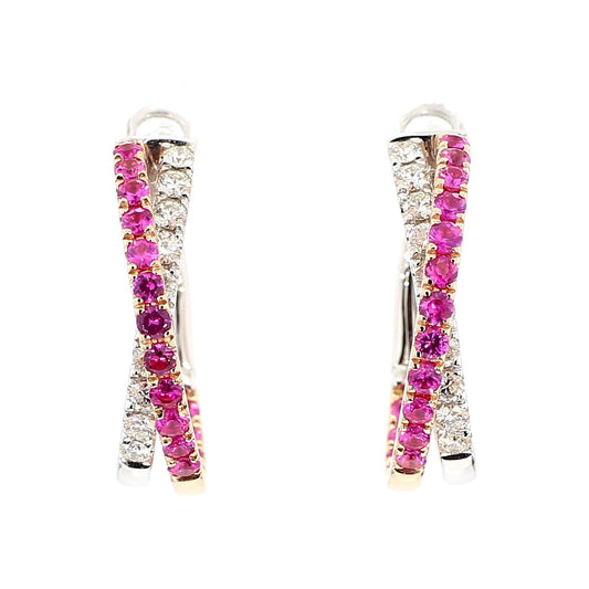 Natural Red Round Ruby and White Diamond 2.01 Carat TW Rose Gold Drop Earrings