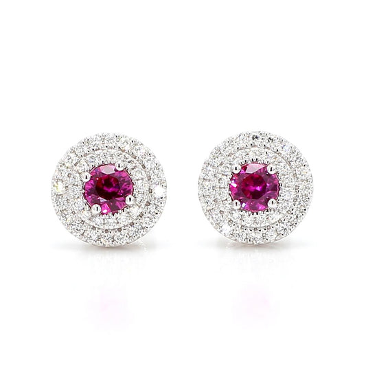 Natural Red Round Ruby and White Diamond 1.02 Carat TW White Gold Stud Earrings