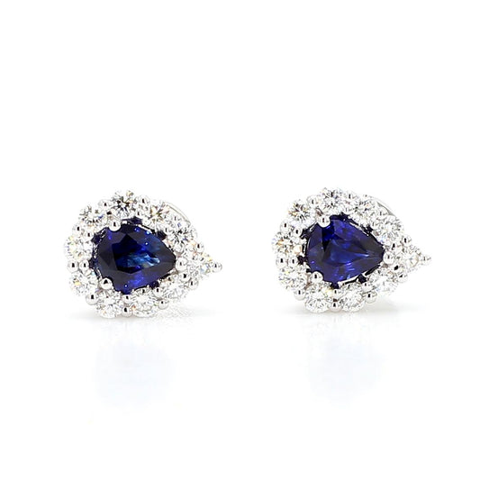 Natural Blue Pear Sapphire and White Diamond 1.29 Carat TW Gold Stud Earrings