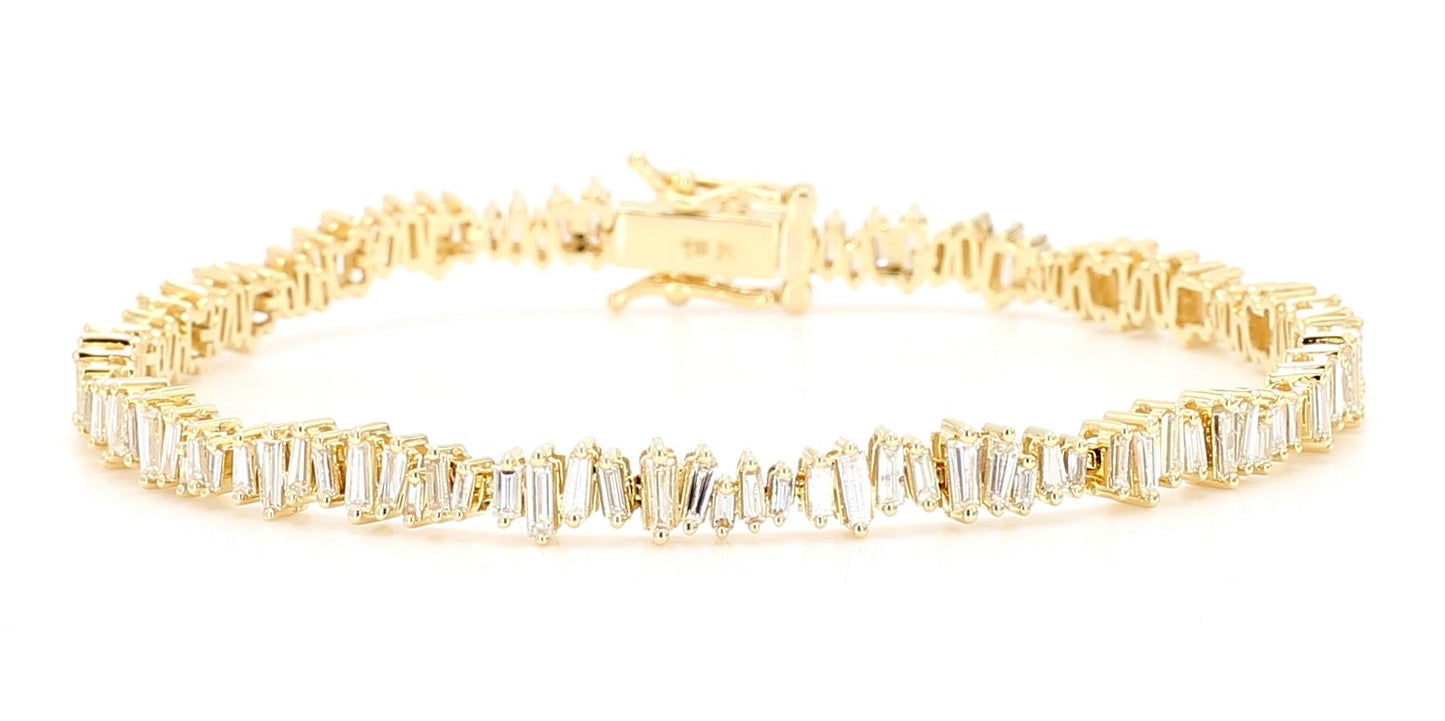 Natural White Baguette Diamond 3.03 Carat TW Yellow Gold Tennis Bracelet