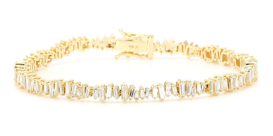 Natural White Baguette Diamond 3.03 Carat TW Yellow Gold Tennis Bracelet