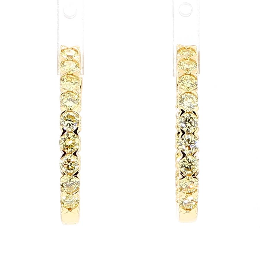 Natural Yellow Round Diamond 2.17 Carat TW Yellow Gold Hoop Earrings