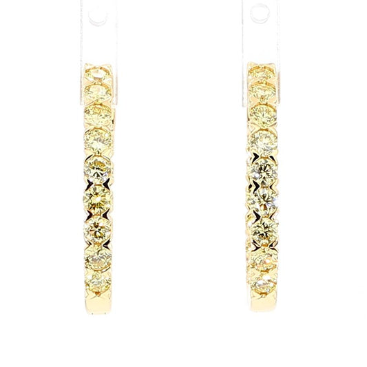Natural Yellow Round Diamond 2.17 Carat TW Yellow Gold Hoop Earrings