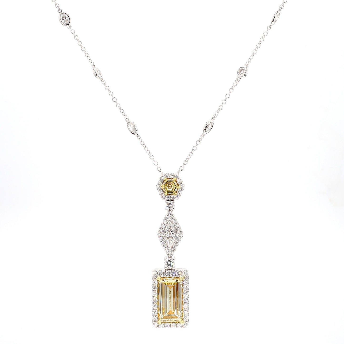 GIA Certified Flawless Yellow Baguette Diamond 5.36 Carat TW Gold Drop Necklace