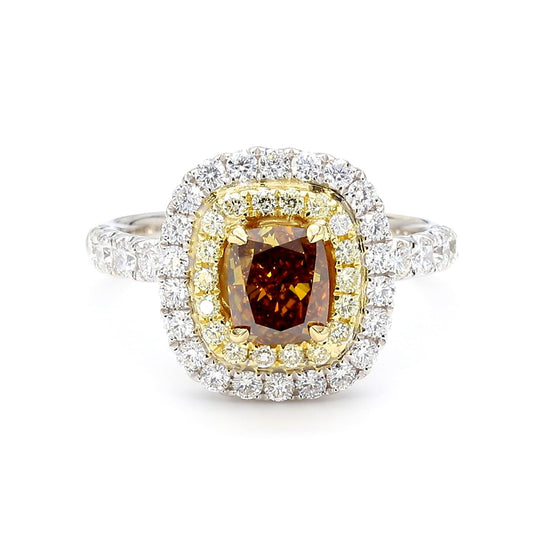 GIA Certified Fancy Deep Yellow Brown Cushion Diamond 1.93 Carat TW Gold Ring