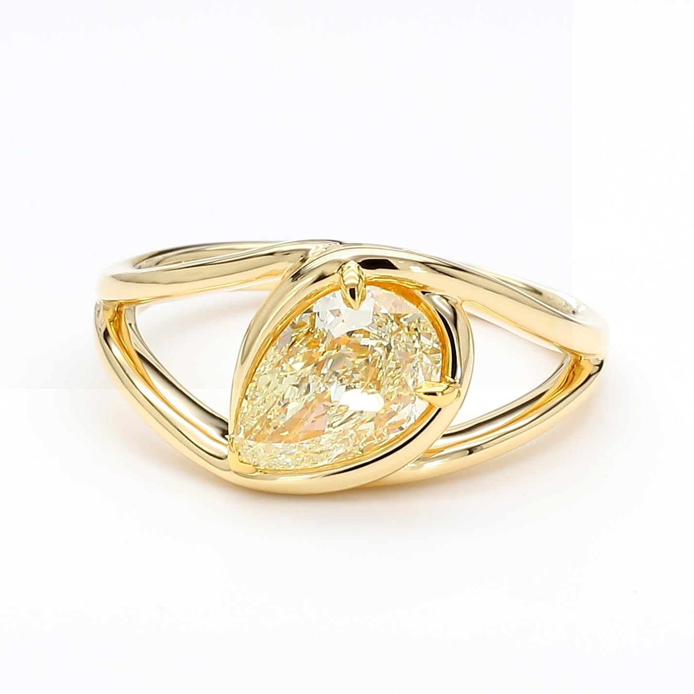 GIA Certified Natural Yellow Pear Diamond 1.52 Carat TW Gold Cocktail Ring