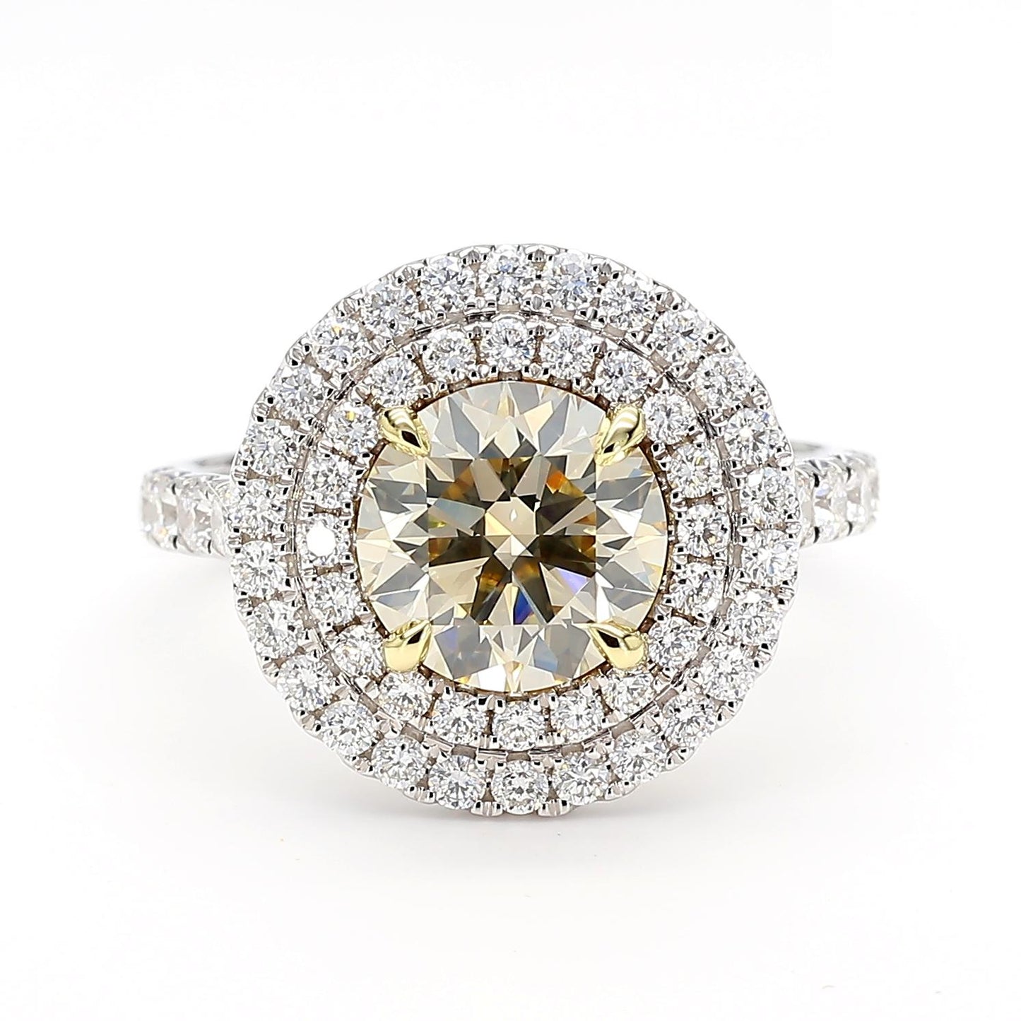 GIA Certified Very Light Yellow Round Diamond 3.15 Carat TW Gold Cocktail Ring