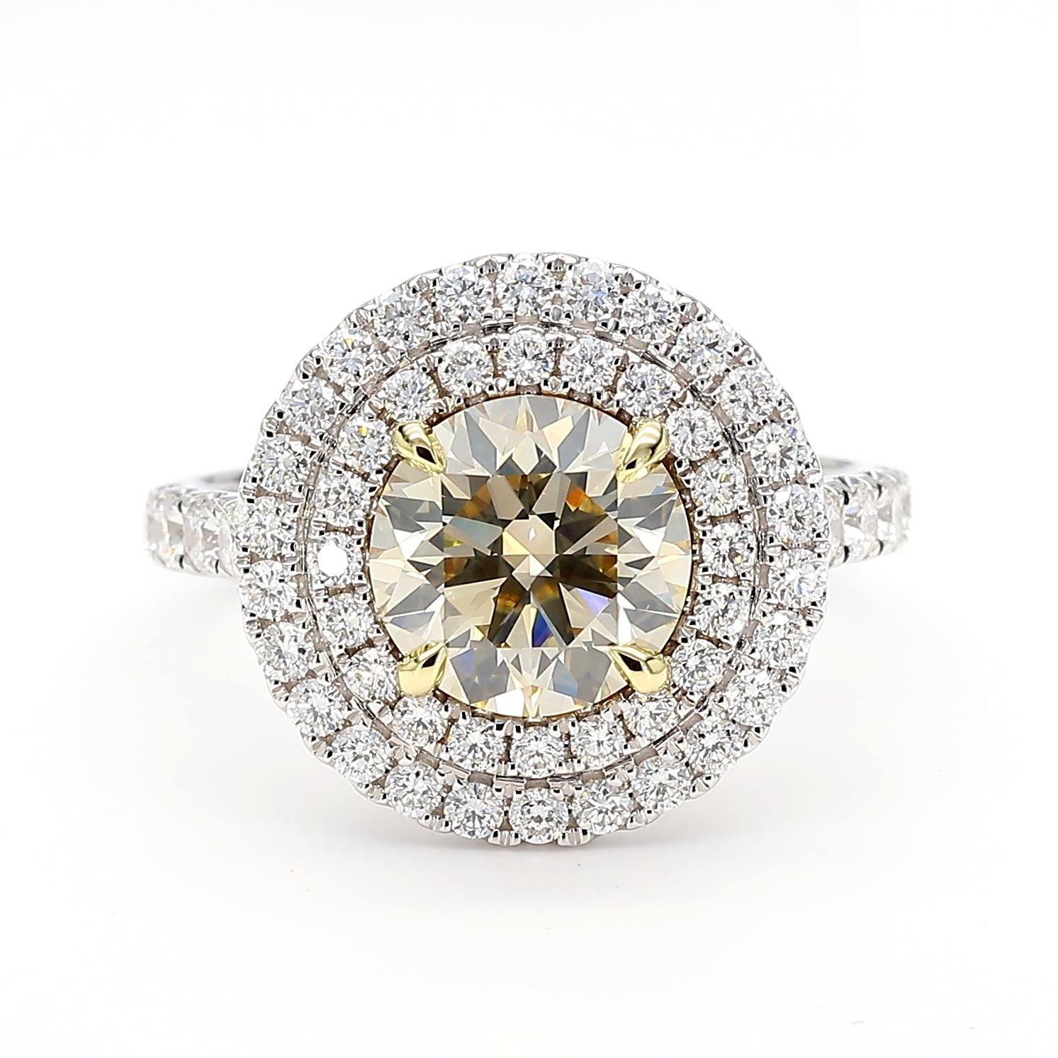 GIA Certified Very Light Yellow Round Diamond 3.15 Carat TW Gold Cocktail Ring