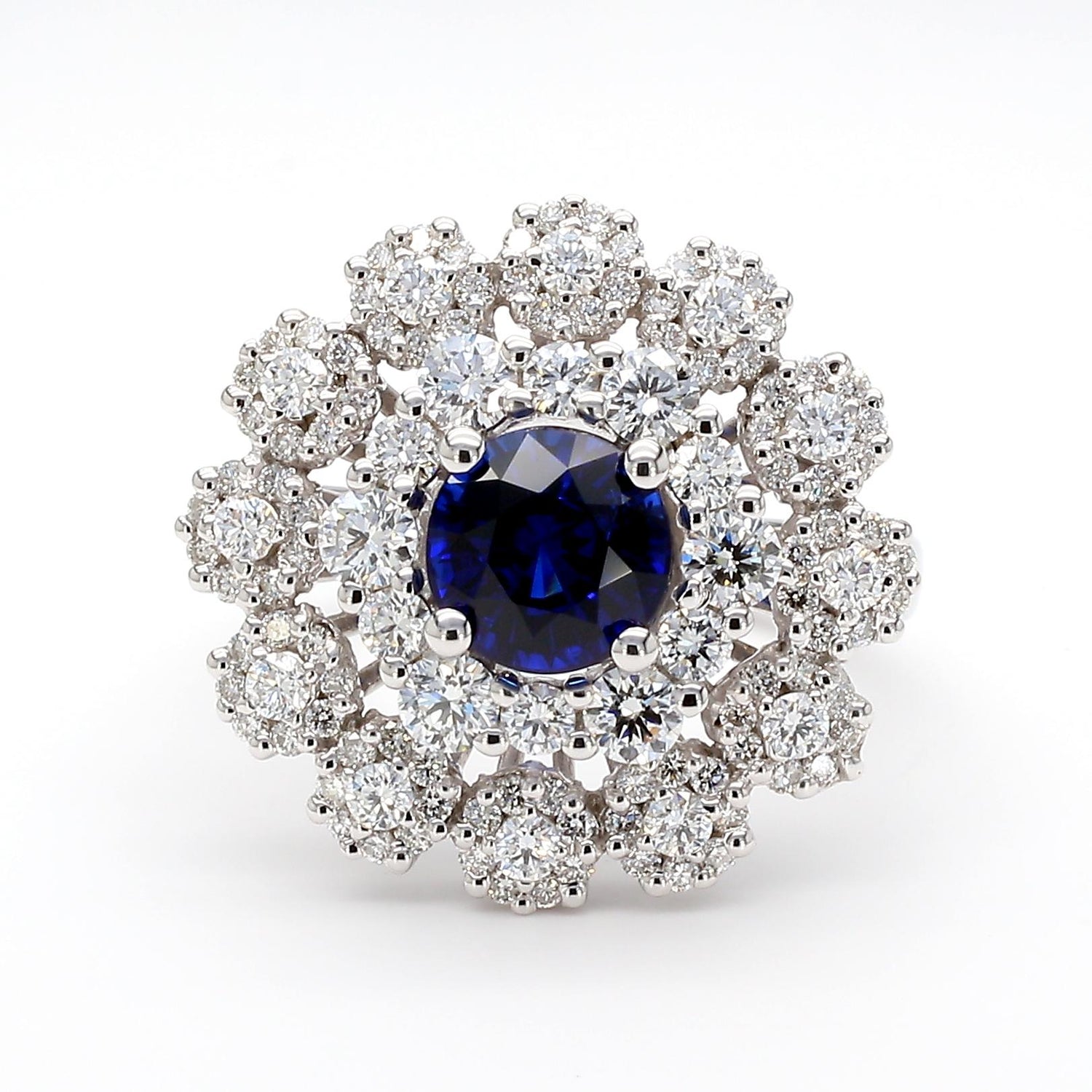 GIA Certified Blue Round Sapphire and White Diamond 3.12 Carat TW Gold Ring