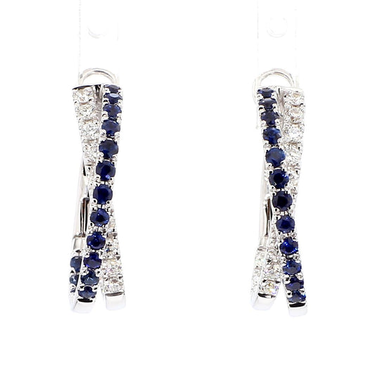 Natural Blue Round Sapphire and Diamond 1.39 Carat TW Gold Hoop Earrings